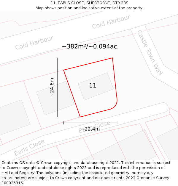 11, EARLS CLOSE, SHERBORNE, DT9 3RS: Plot and title map