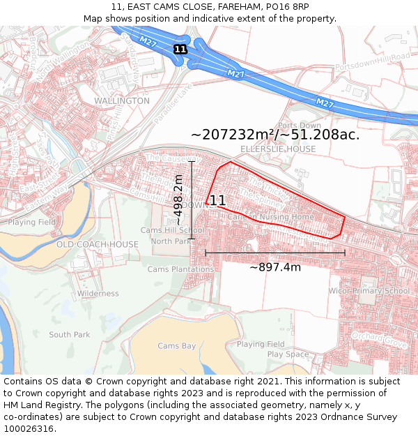 11, EAST CAMS CLOSE, FAREHAM, PO16 8RP: Plot and title map
