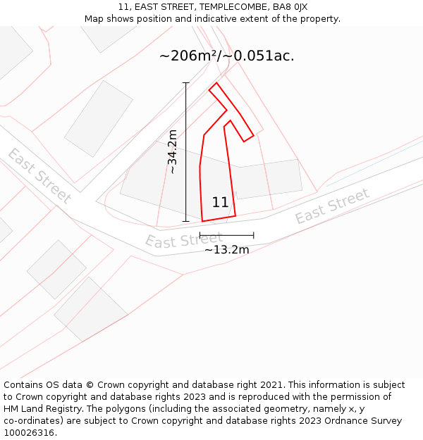 11, EAST STREET, TEMPLECOMBE, BA8 0JX: Plot and title map