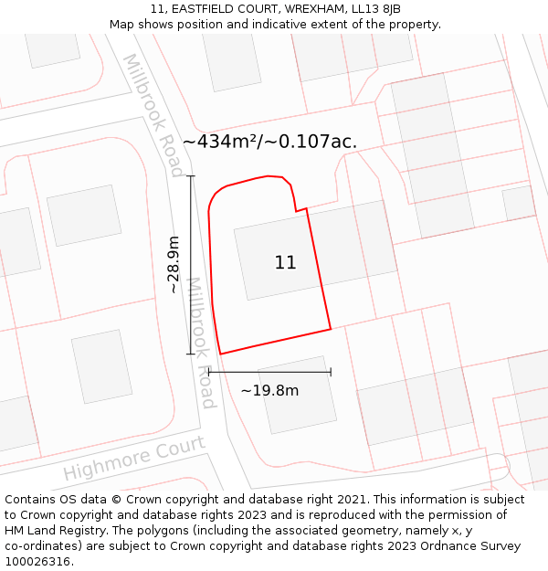 11, EASTFIELD COURT, WREXHAM, LL13 8JB: Plot and title map