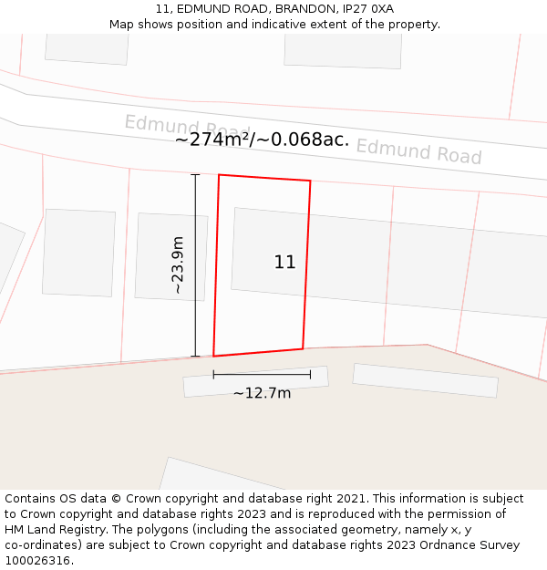 11, EDMUND ROAD, BRANDON, IP27 0XA: Plot and title map