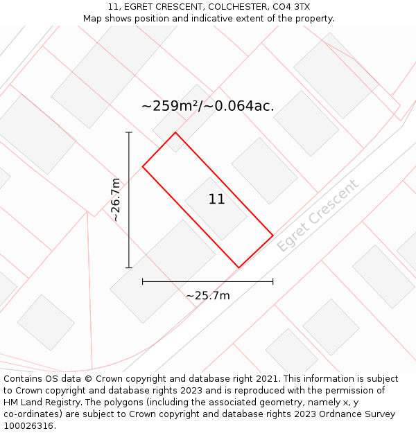 11, EGRET CRESCENT, COLCHESTER, CO4 3TX: Plot and title map