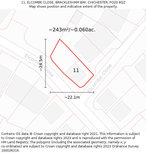 11, ELCOMBE CLOSE, BRACKLESHAM BAY, CHICHESTER, PO20 8QZ: Plot and title map