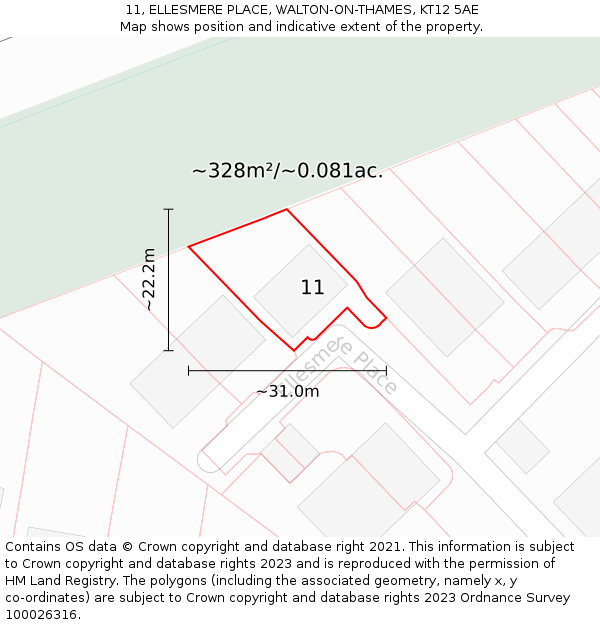 11, ELLESMERE PLACE, WALTON-ON-THAMES, KT12 5AE: Plot and title map