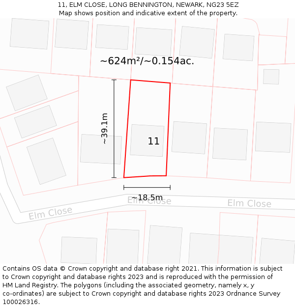 11, ELM CLOSE, LONG BENNINGTON, NEWARK, NG23 5EZ: Plot and title map