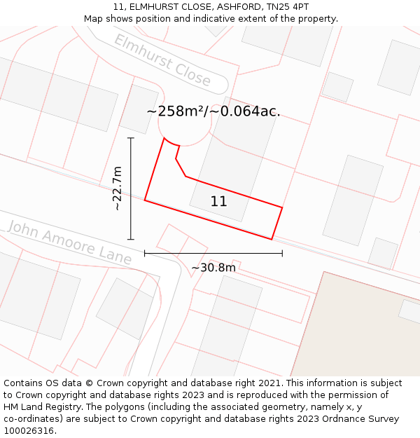 11, ELMHURST CLOSE, ASHFORD, TN25 4PT: Plot and title map