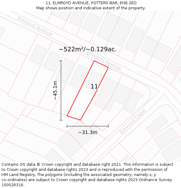 11, ELMROYD AVENUE, POTTERS BAR, EN6 2ED: Plot and title map