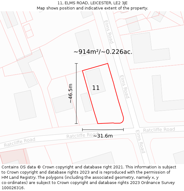 11, ELMS ROAD, LEICESTER, LE2 3JE: Plot and title map