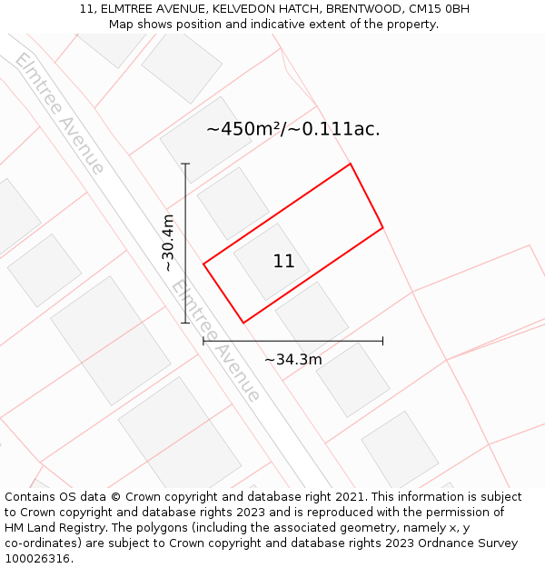 11, ELMTREE AVENUE, KELVEDON HATCH, BRENTWOOD, CM15 0BH: Plot and title map