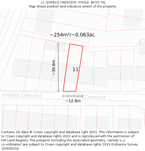 11, ENFIELD CRESCENT, POOLE, BH15 3SJ: Plot and title map