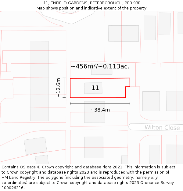 11, ENFIELD GARDENS, PETERBOROUGH, PE3 9RP: Plot and title map