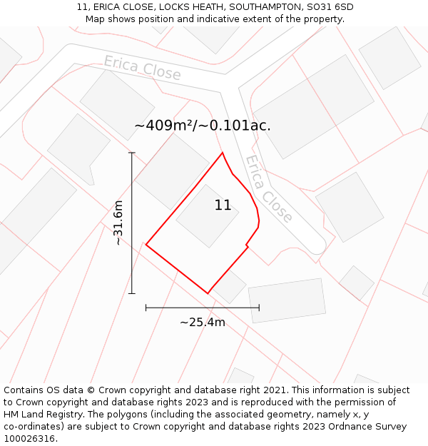 11, ERICA CLOSE, LOCKS HEATH, SOUTHAMPTON, SO31 6SD: Plot and title map