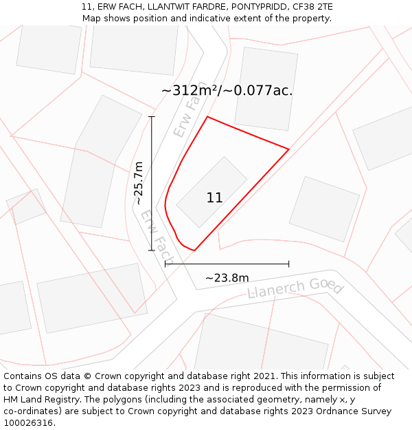 11, ERW FACH, LLANTWIT FARDRE, PONTYPRIDD, CF38 2TE: Plot and title map