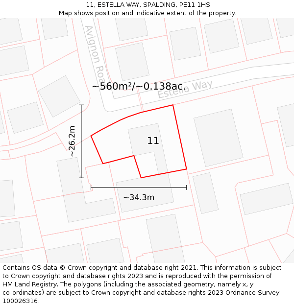 11, ESTELLA WAY, SPALDING, PE11 1HS: Plot and title map