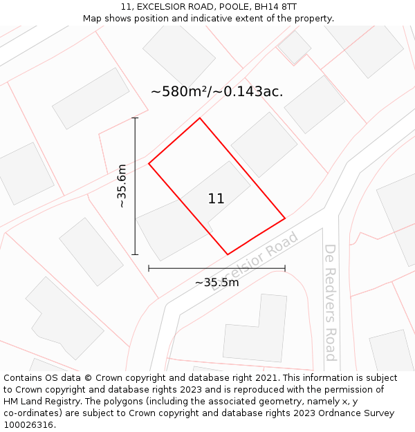 11, EXCELSIOR ROAD, POOLE, BH14 8TT: Plot and title map