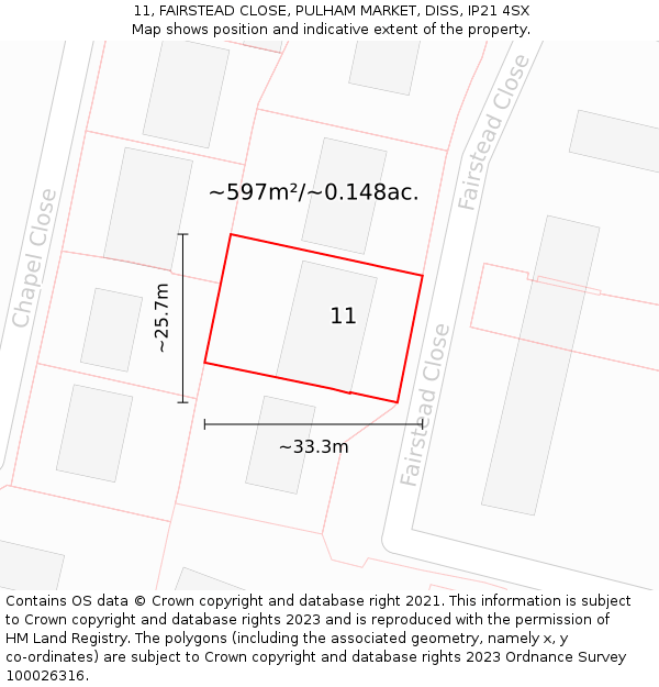 11, FAIRSTEAD CLOSE, PULHAM MARKET, DISS, IP21 4SX: Plot and title map