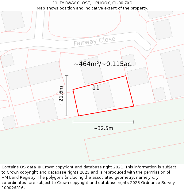 11, FAIRWAY CLOSE, LIPHOOK, GU30 7XD: Plot and title map