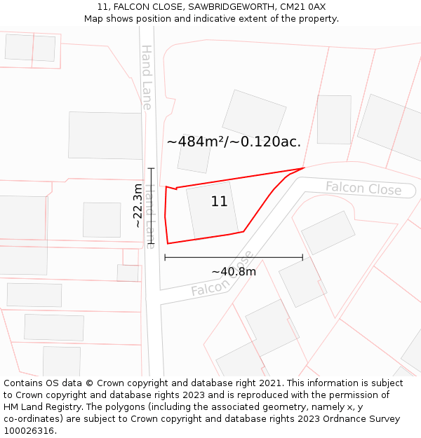 11, FALCON CLOSE, SAWBRIDGEWORTH, CM21 0AX: Plot and title map