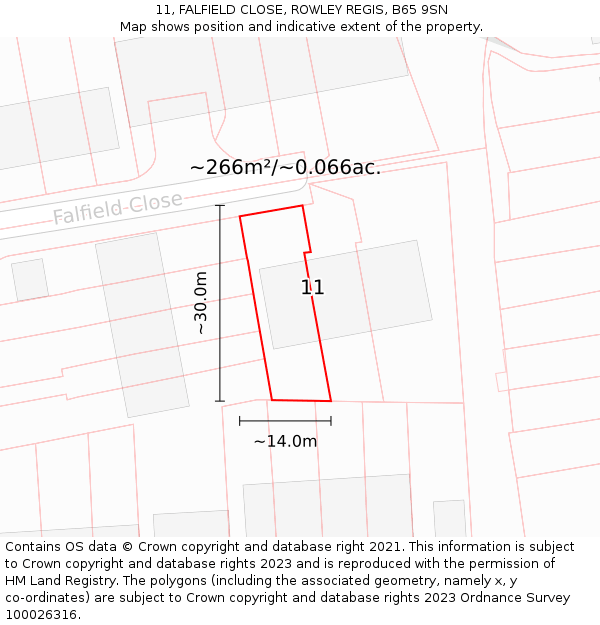 11, FALFIELD CLOSE, ROWLEY REGIS, B65 9SN: Plot and title map