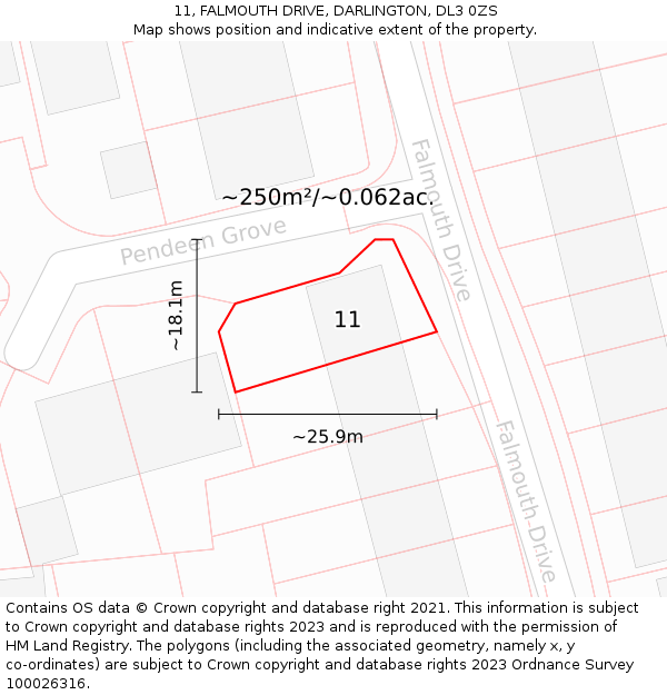11, FALMOUTH DRIVE, DARLINGTON, DL3 0ZS: Plot and title map