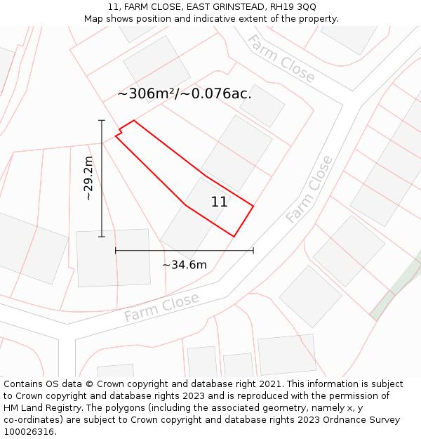 11, FARM CLOSE, EAST GRINSTEAD, RH19 3QQ: Plot and title map