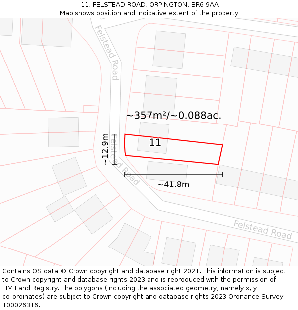 11, FELSTEAD ROAD, ORPINGTON, BR6 9AA: Plot and title map