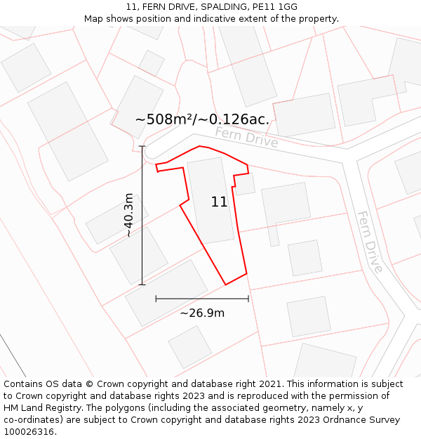 11, FERN DRIVE, SPALDING, PE11 1GG: Plot and title map