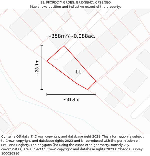 11, FFORDD Y GROES, BRIDGEND, CF31 5EQ: Plot and title map