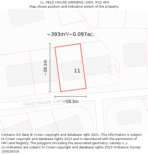 11, FIELD HOUSE GARDENS, DISS, IP22 4PH: Plot and title map