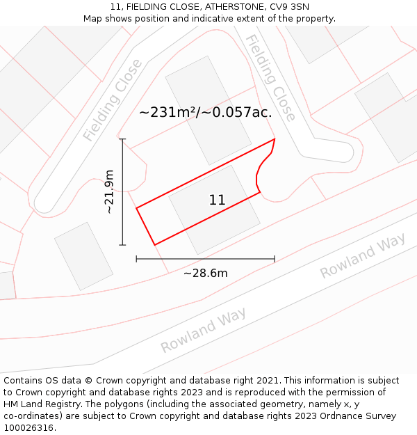 11, FIELDING CLOSE, ATHERSTONE, CV9 3SN: Plot and title map