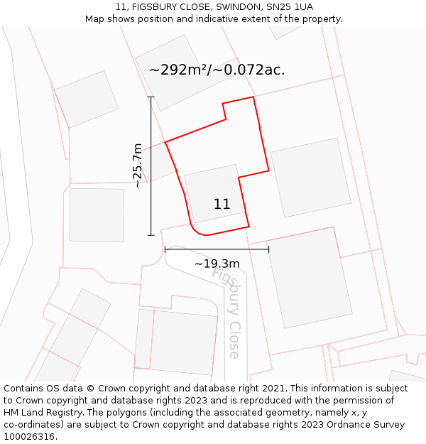 11, FIGSBURY CLOSE, SWINDON, SN25 1UA: Plot and title map