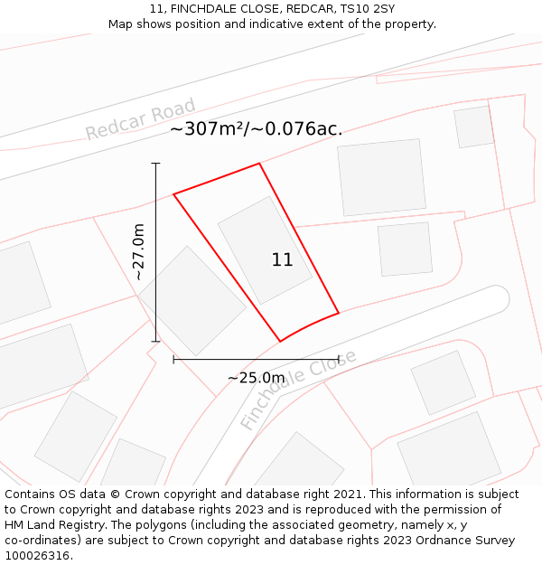 11, FINCHDALE CLOSE, REDCAR, TS10 2SY: Plot and title map