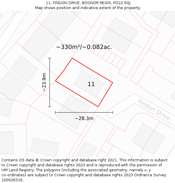 11, FINDON DRIVE, BOGNOR REGIS, PO22 6QJ: Plot and title map