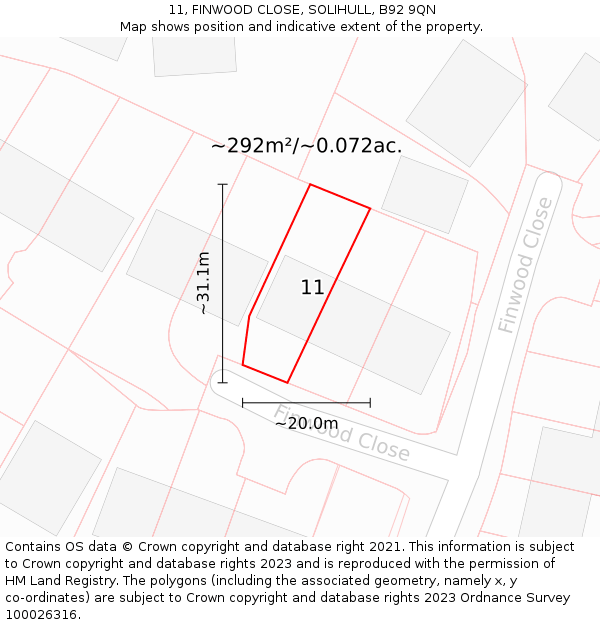 11, FINWOOD CLOSE, SOLIHULL, B92 9QN: Plot and title map