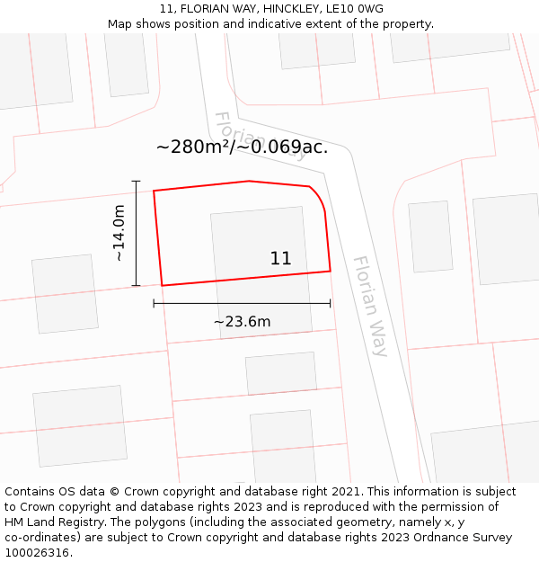 11, FLORIAN WAY, HINCKLEY, LE10 0WG: Plot and title map