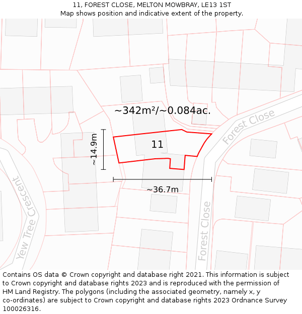 11, FOREST CLOSE, MELTON MOWBRAY, LE13 1ST: Plot and title map