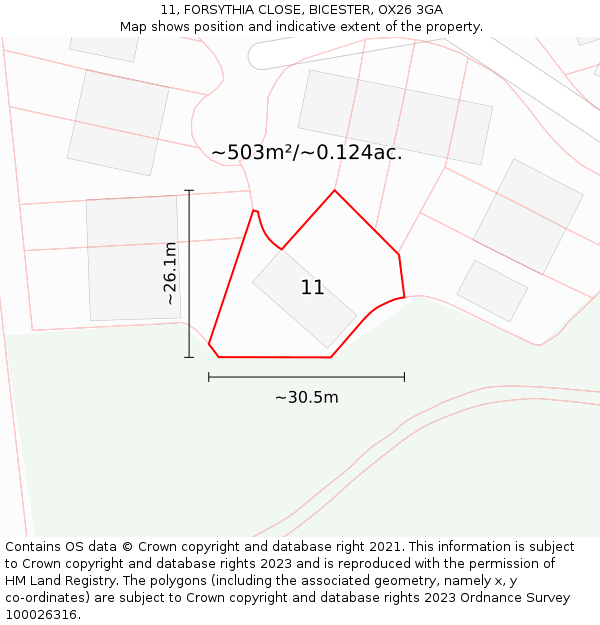 11, FORSYTHIA CLOSE, BICESTER, OX26 3GA: Plot and title map