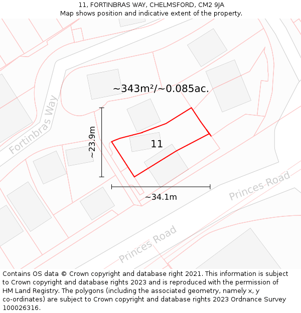 11, FORTINBRAS WAY, CHELMSFORD, CM2 9JA: Plot and title map