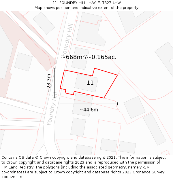 11, FOUNDRY HILL, HAYLE, TR27 4HW: Plot and title map