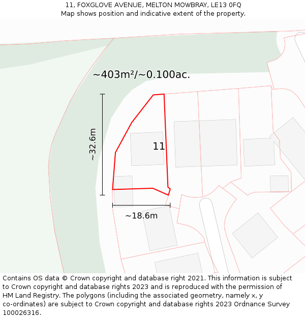 11, FOXGLOVE AVENUE, MELTON MOWBRAY, LE13 0FQ: Plot and title map