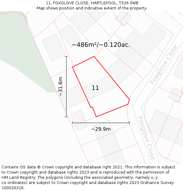 11, FOXGLOVE CLOSE, HARTLEPOOL, TS26 0WB: Plot and title map