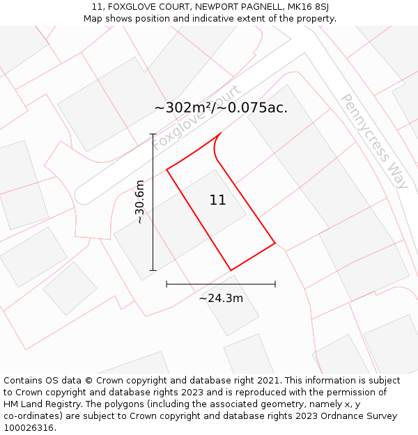 11, FOXGLOVE COURT, NEWPORT PAGNELL, MK16 8SJ: Plot and title map