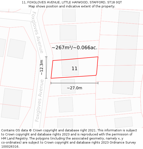 11, FOXGLOVES AVENUE, LITTLE HAYWOOD, STAFFORD, ST18 0QT: Plot and title map