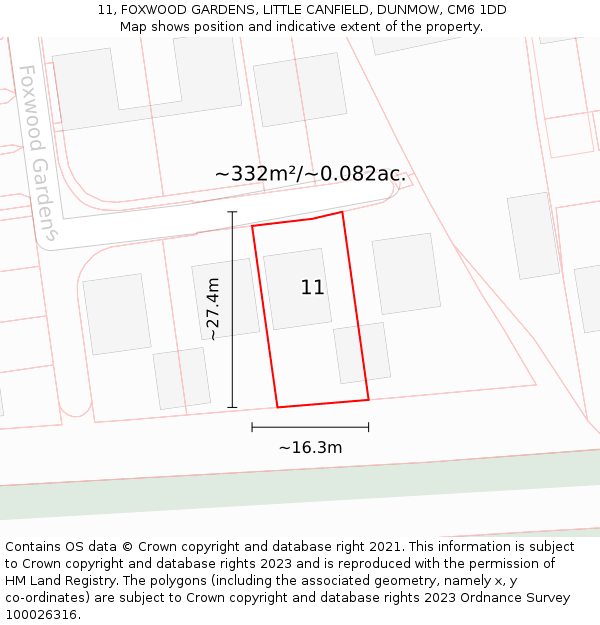 11, FOXWOOD GARDENS, LITTLE CANFIELD, DUNMOW, CM6 1DD: Plot and title map