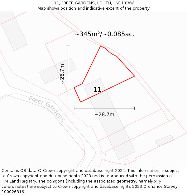 11, FREER GARDENS, LOUTH, LN11 8AW: Plot and title map