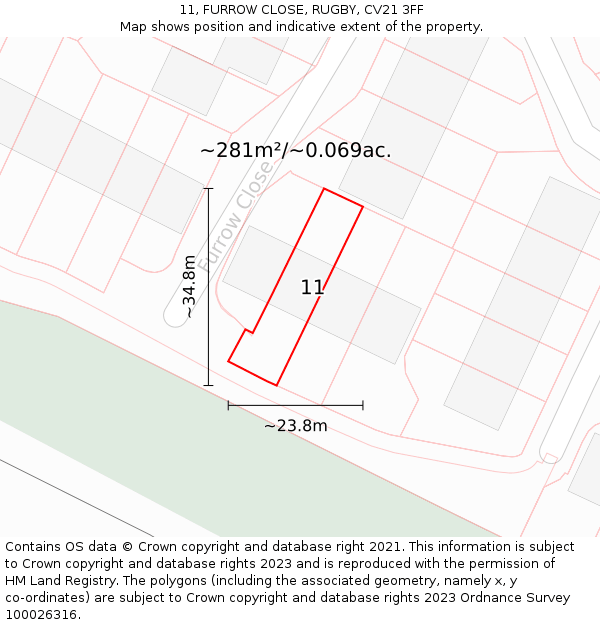 11, FURROW CLOSE, RUGBY, CV21 3FF: Plot and title map