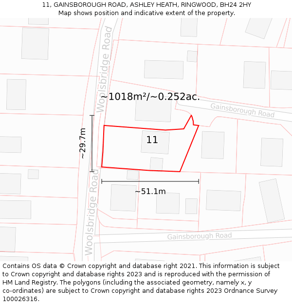 11, GAINSBOROUGH ROAD, ASHLEY HEATH, RINGWOOD, BH24 2HY: Plot and title map