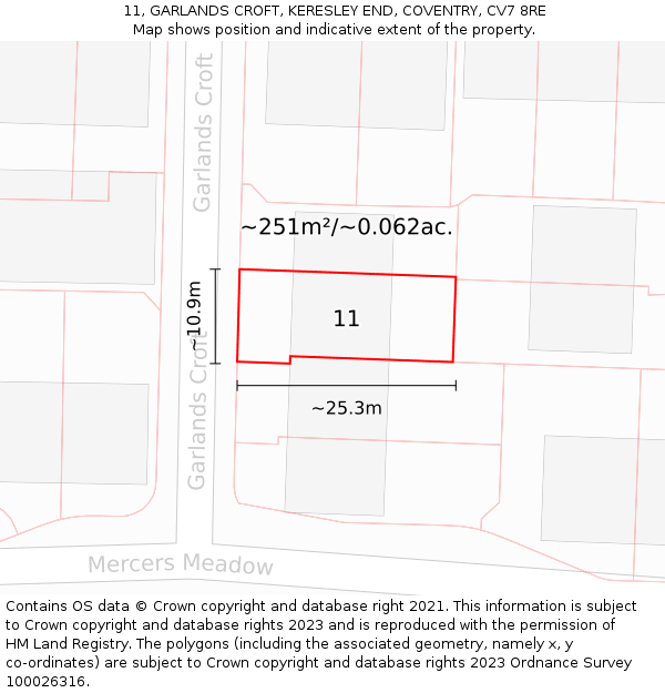 11, GARLANDS CROFT, KERESLEY END, COVENTRY, CV7 8RE: Plot and title map