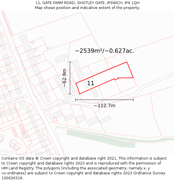11, GATE FARM ROAD, SHOTLEY GATE, IPSWICH, IP9 1QH: Plot and title map