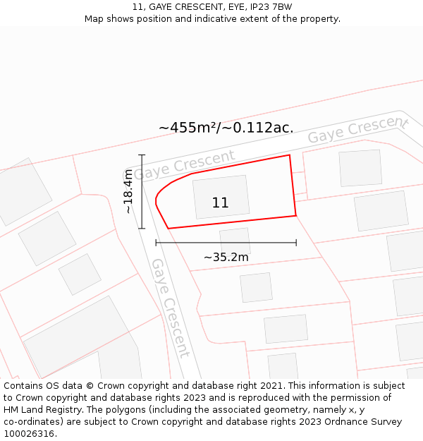11, GAYE CRESCENT, EYE, IP23 7BW: Plot and title map